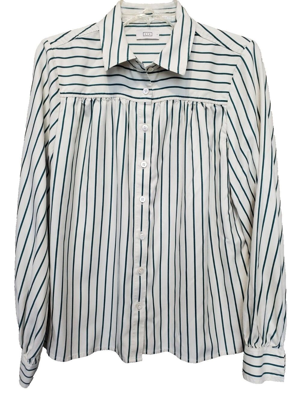 AYR The New Age Women's Green Striped Silk Button-Up Peasant Blouse Size Large
